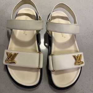 Authentic Louis Vuitton Beige Sandals with Gold Logo 7.5
